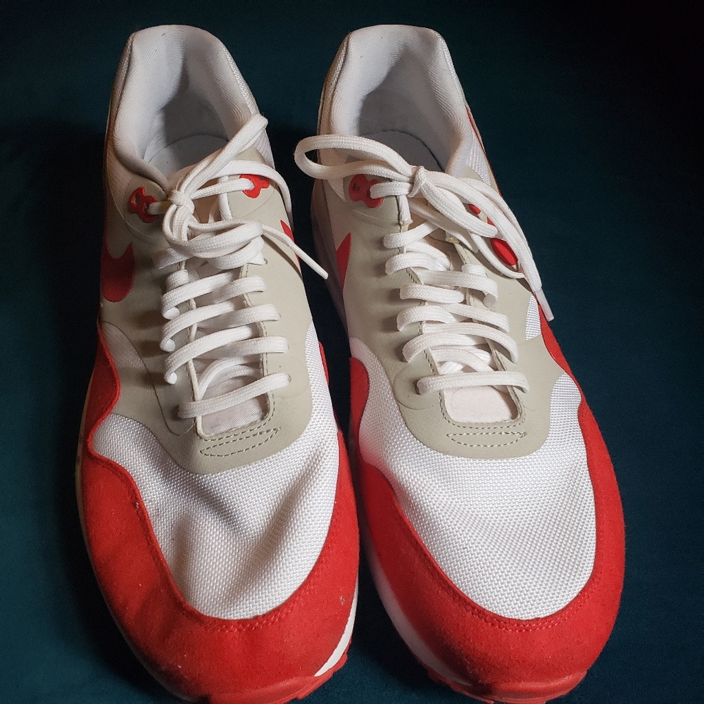 Red and white Nike Air sneakers